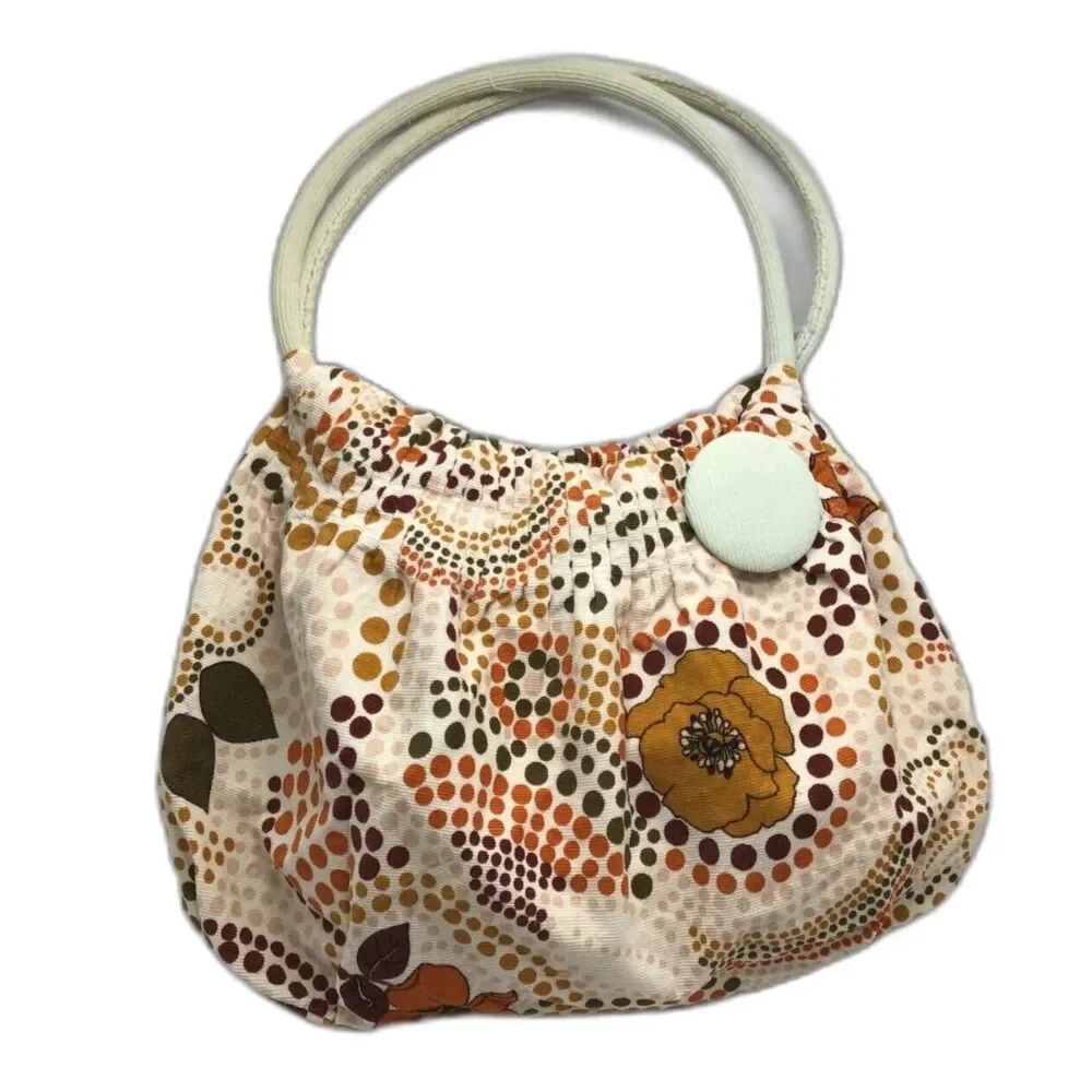 Vintage Orange Floral Polka Dot Corduroy Shoulder Bag Bohemian Mod Tote